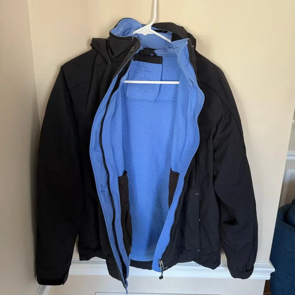 L.L. Bean 2 in 1 Black Hooded Coat and Blue Fleece Jacket Winter Outdoors - Picture 3 of 12
